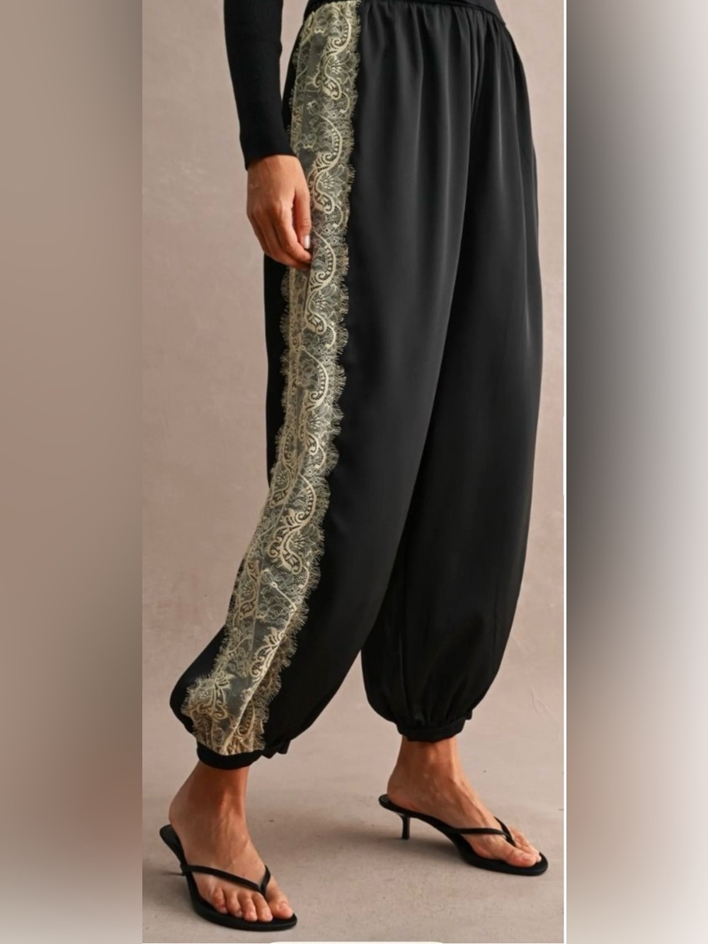 Mable Black Satin High Waisted Balloon Pants With Lace Trim